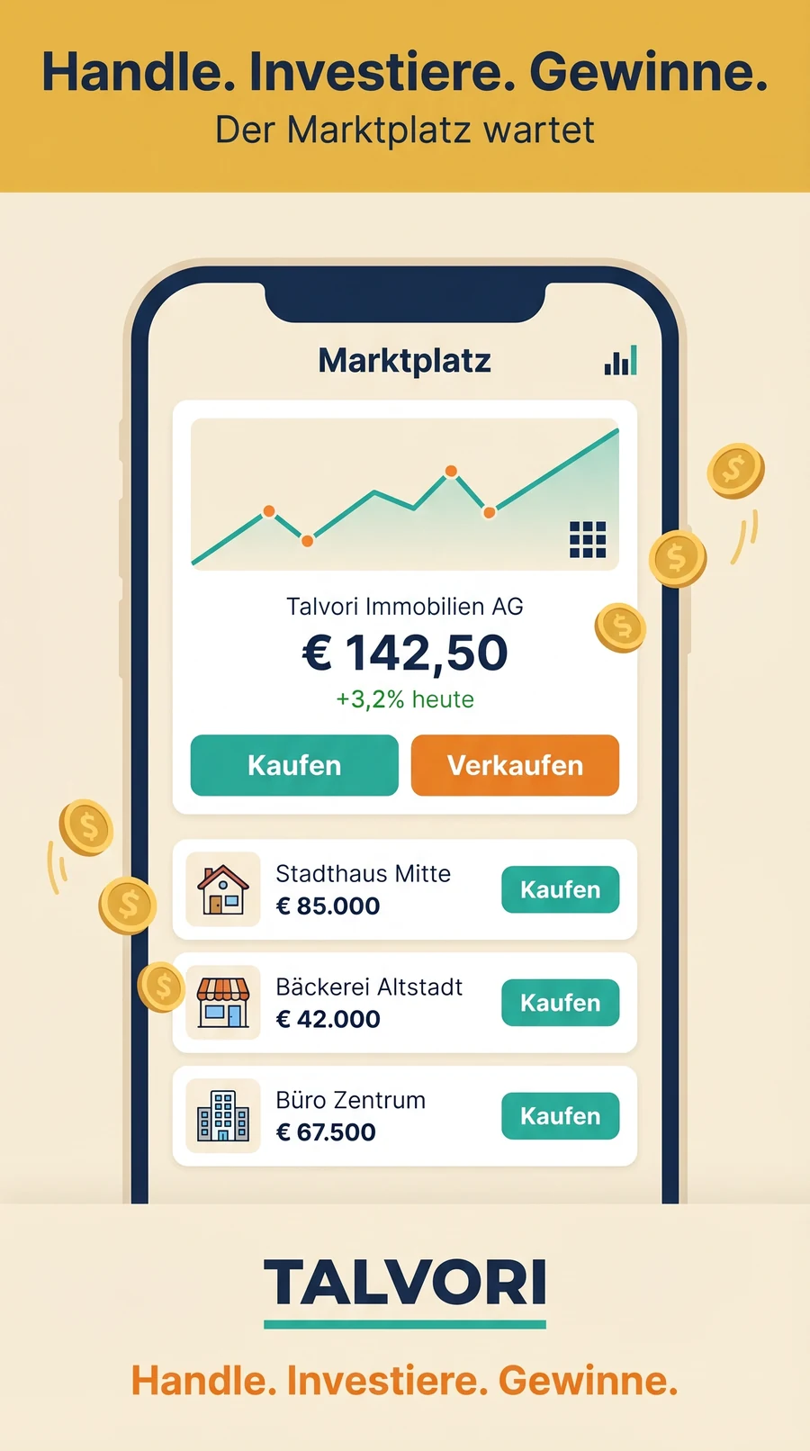 Marktplatz mit Aktien und Immobilien